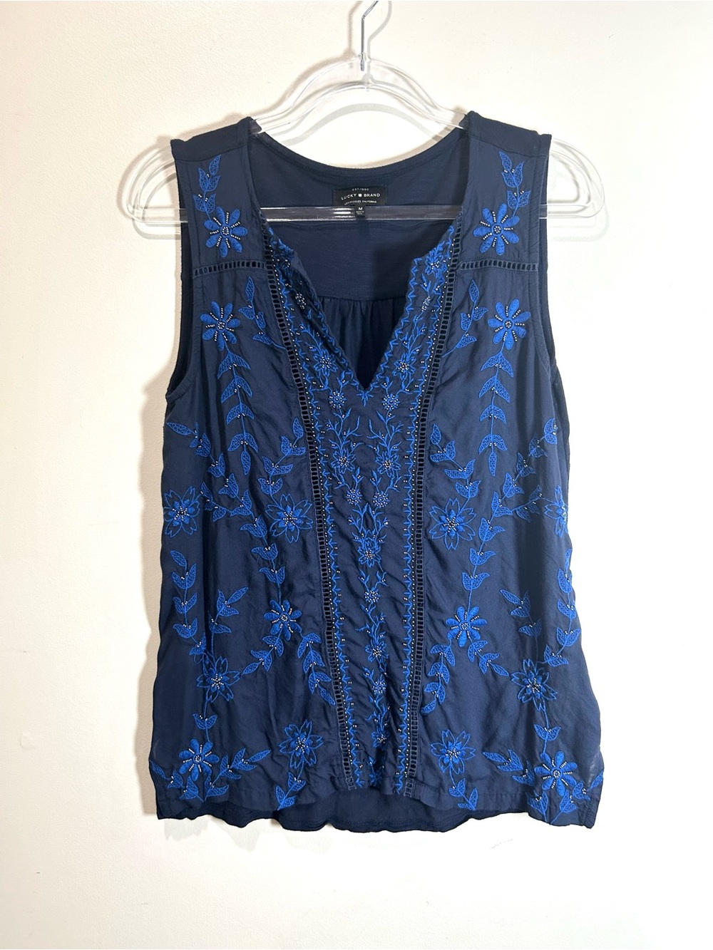 Lucky Brand Top Embroidered Beaded Boho Floral Tank Top Women M Blue Festival - Picture 9 of 11